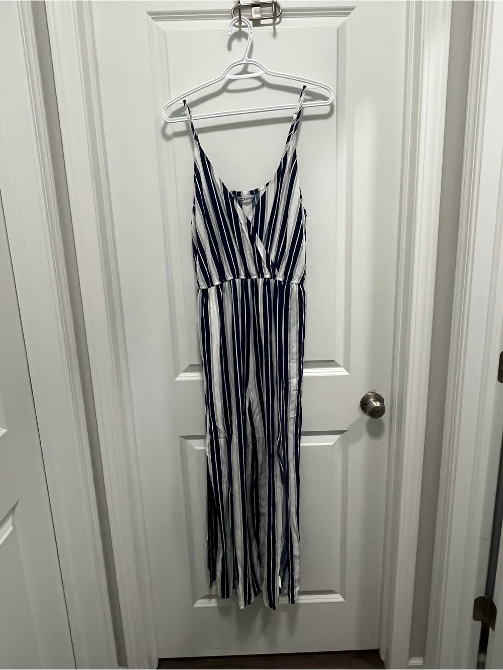Cupshe Women's Striped Spaghetti Strap Jumpsuit With Slit Legs Navy Gray White